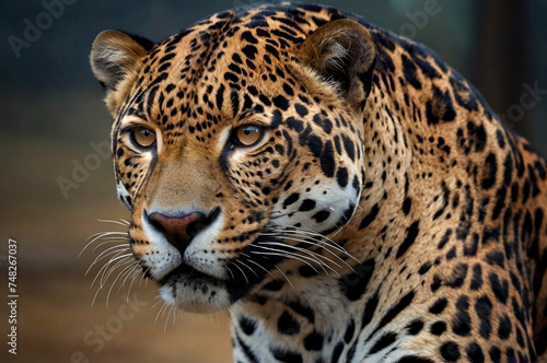 Up close and personal with look jaguar in natural habitat. Showcasing fierce and serious gaze as wild predator in exotic natural world. Animal themes wildlife concept. Copy ad text space. Generated Ai