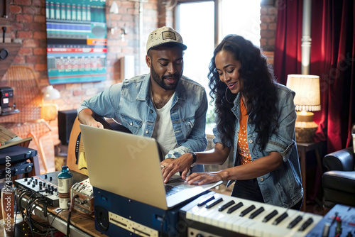 Generative AI illustration of man and woman are focused on a laptop screen in their home music studio, possibly working on audio production or recording photo