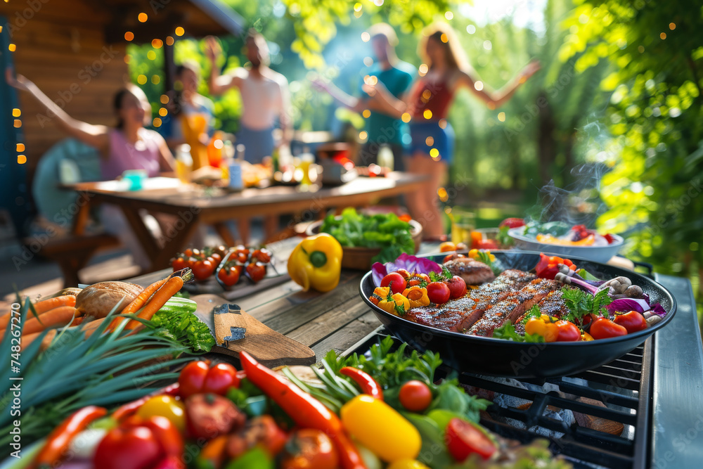 Obraz premium Vibrant Outdoor Dining with Grilled Delicacies and Fresh Veggies
