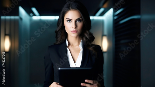 A young business woman in a business suit holds a tablet in her hands and looks into the lens,