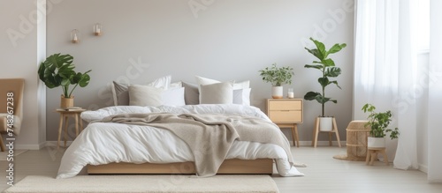 A contemporary bedroom with white walls featuring a double bed with crisp white linens, pillows, and a soft bedspread. The room includes a mirror, potted plant, carpet,