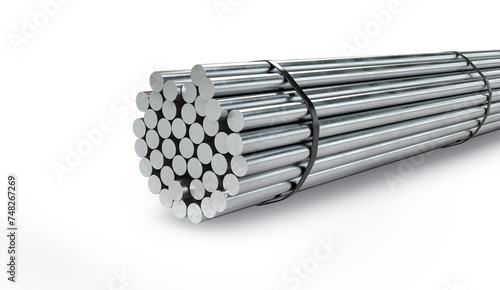 Stack of metal rods isolated on white background. 3d rendering