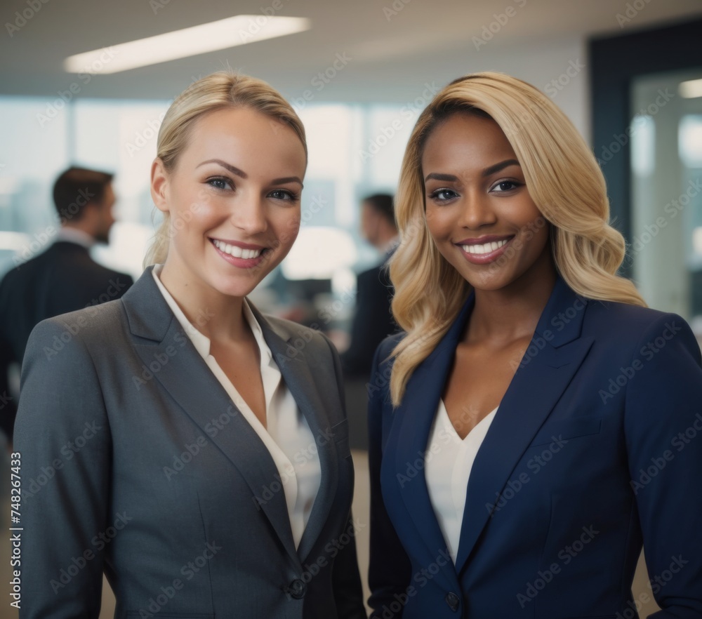 Two smiling business women, a blonde white skinned business executive lady and a dark haired dark skinned executive lady standing next to each other Two smiling business women, a blonde white skinned business executive lady and a dark haired dark skinned executive lady standing next to each other