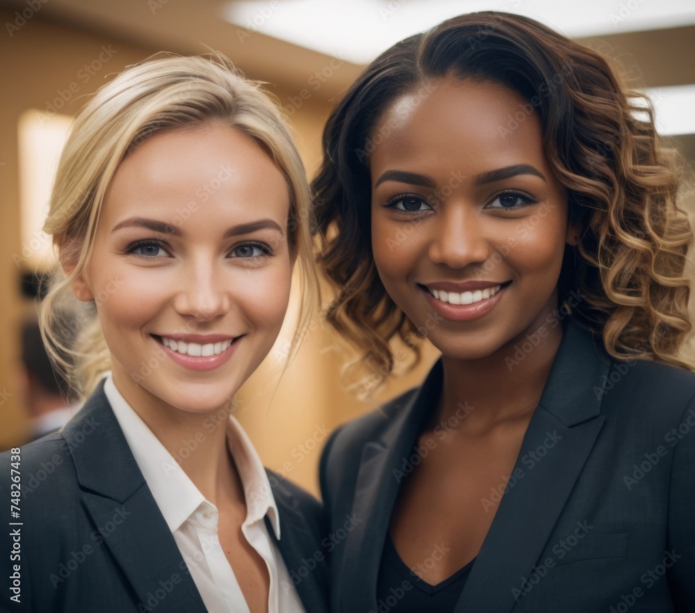 Two smiling business women, a blonde white skinned business executive lady and a dark haired dark skinned executive lady standing next to each other Two smiling business women, a blonde white skinned business executive lady and a dark haired dark skinned executive lady standing next to each other
