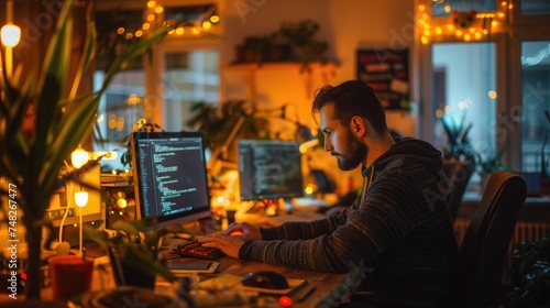 Focused Developers Coding at Night, work with computer