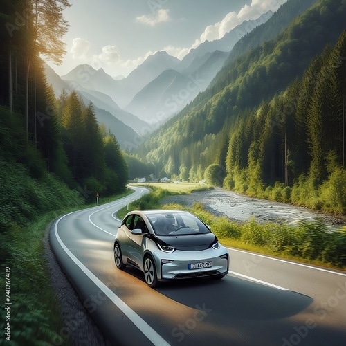 EV (Electric Vehicle) electric car is driving on a winding road that runs through a verdant forest and mountains in summers created with generative ai 