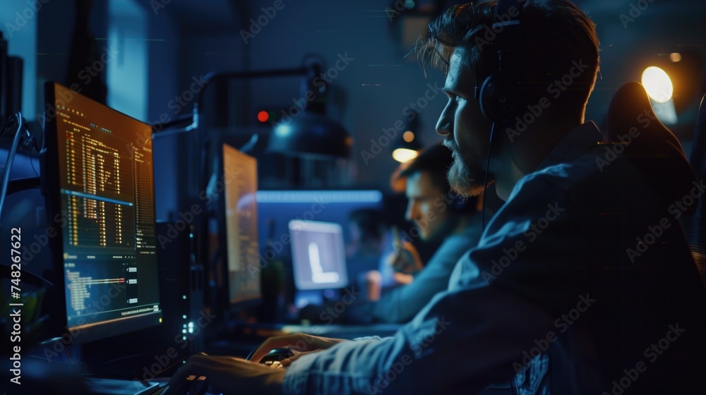Programmer at Work: Coding in Dark Room with Multiple Monitors, Headphones On Programmer at Work: Coding in Dark Room with Multiple Monitors, Headphones On
