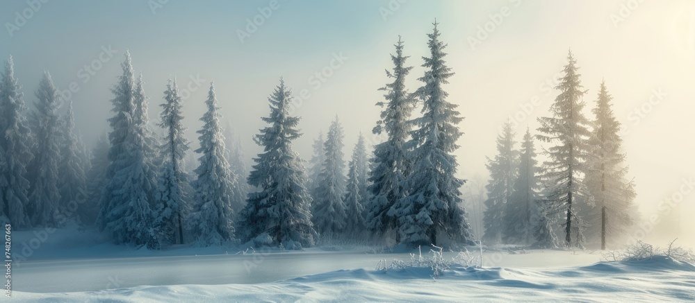 A winter scene featuring a snowy landscape with dense spruce trees covered in snow, creating a serene and cold atmosphere in the foggy weather.