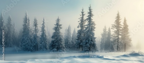 A winter scene featuring a snowy landscape with dense spruce trees covered in snow, creating a serene and cold atmosphere in the foggy weather.