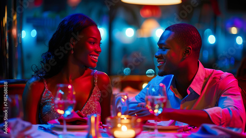 A young black couple in love is cheerful, sitting in a restaurant and enjoying life.