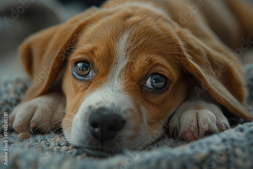 Playful beagle puppy, capturing innocence with soulful eyes, photographed using a Nikon camera for lifelike detail.