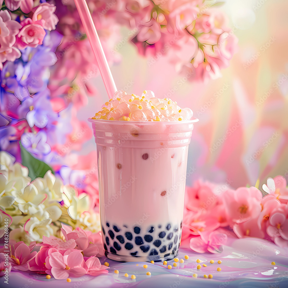 Iced bubble tea, drink, pastel flowers background, pastel colors