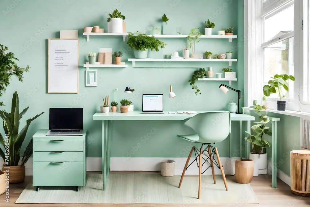 living room interior,Step into a serene pastel green home office, where an empty table awaits, adorned with a laptop computer and a coffee cup, accompanied by a lush potted plant living room interior,Step into a serene pastel green home office, where an empty table awaits, adorned with a laptop computer and a coffee cup, accompanied by a lush potted plant