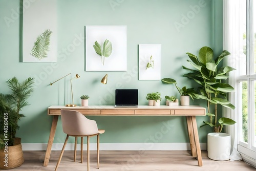 modern  room with table, Step into a serene pastel green home office, where an empty table awaits, adorned with a laptop computer and a coffee cup, accompanied by a lush potted plant © SANA