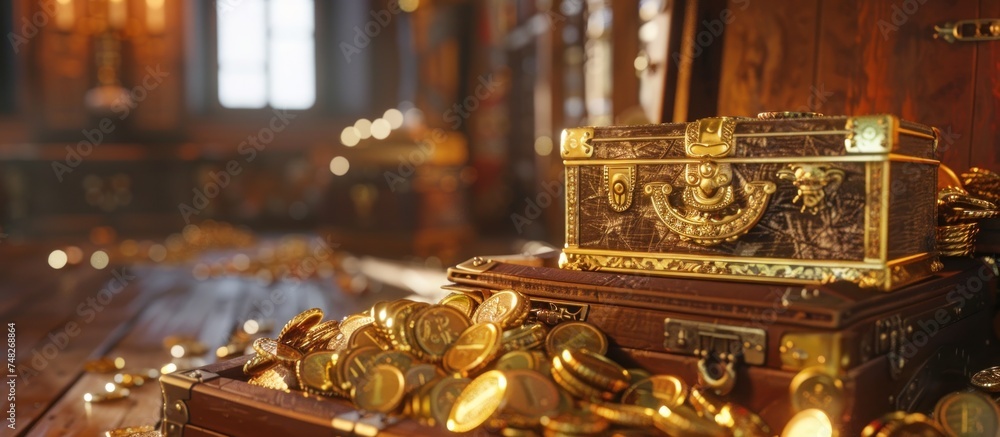 treasure trove of gold coins And chests and treasure - obrazy, fototapety, plakaty 