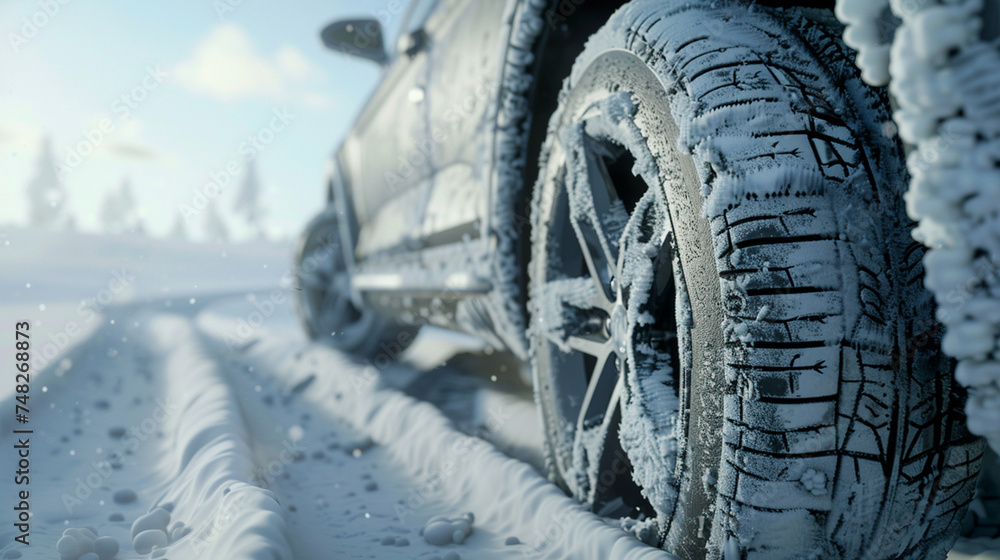 snow on the road. car tire. winter road in forest with snow on a sunny day. car on the road.