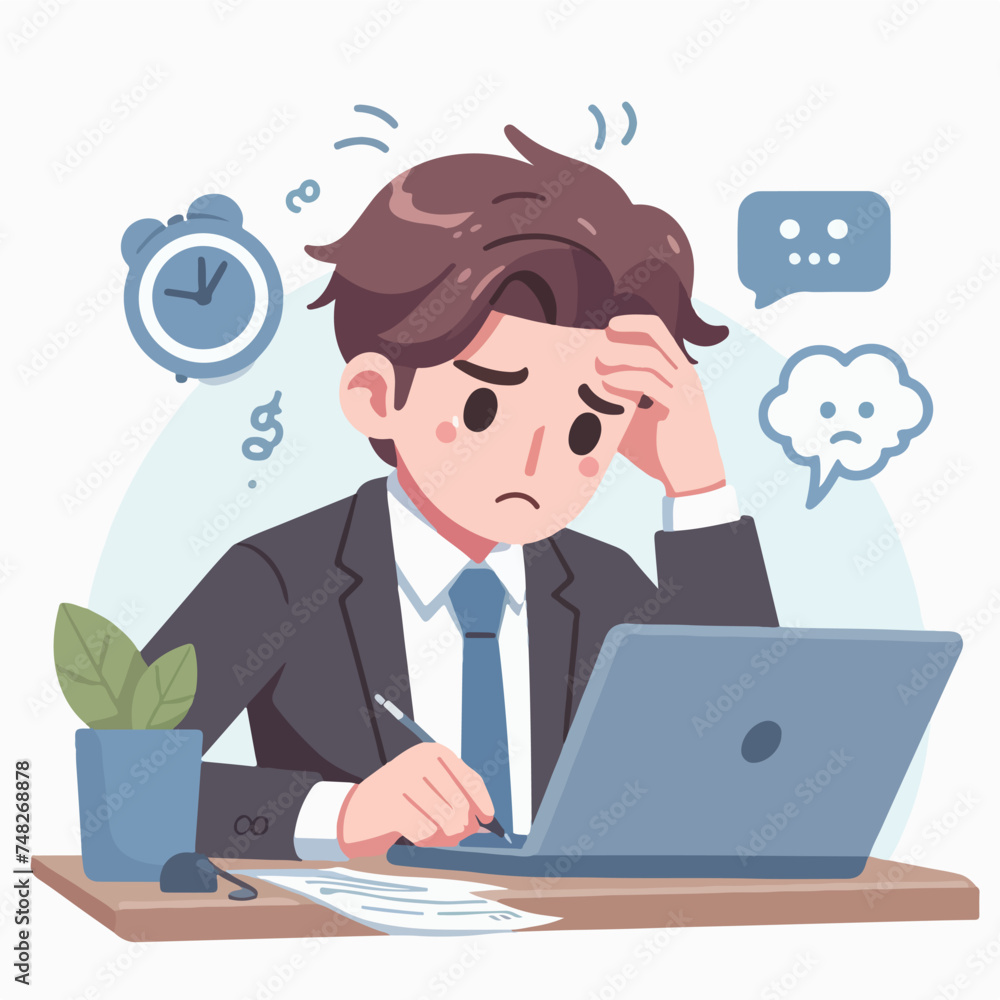 Flat design illustration of depressed and stressed businessmen looking at a laptop screen Flat design illustration of depressed and stressed businessmen looking at a laptop screen