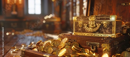 treasure trove of gold coins And chests and treasure photo