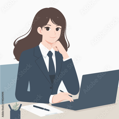 Flat design illustration of a career woman working with a laptop
