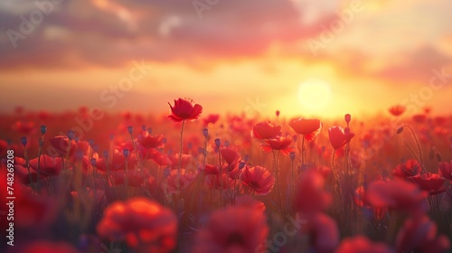 poppy field at sunset. Generative AI