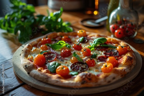 a pizza with tomatoes and basil on a wooden board