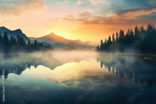Misty Mountain Lake at Sunset  Ethereal Tranquility