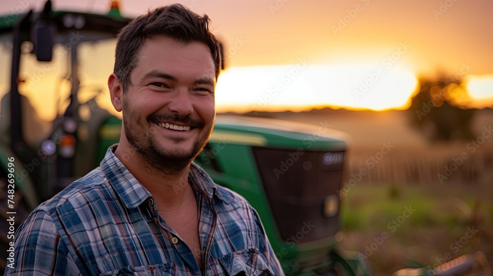 Portrait of a handsome young farmer standing in a shirt and smiling at the camera, on a tractor and nature background. Concept: bio ecology, clean environment, beautiful and healthy people, farmers.