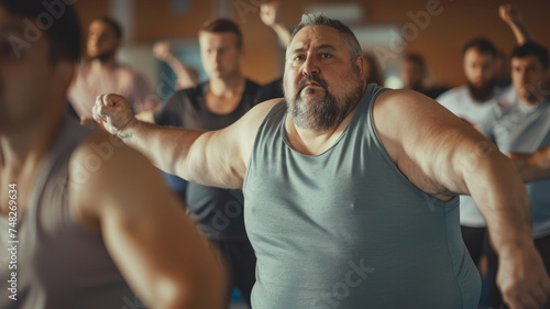 A group of overweight men exercising in a gym class. photo