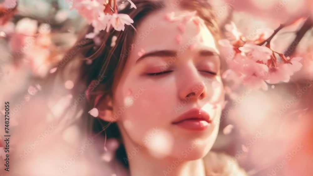 A woman with her eyes closed, surrounded by a soft pink haze of cherry blossom petals, creating a serene and peaceful moment. A woman with her eyes closed, surrounded by a soft pink haze of cherry blossom petals, creating a serene and peaceful moment.