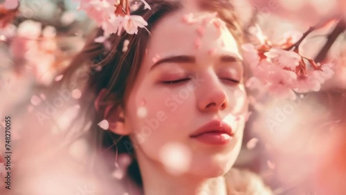 A woman with her eyes closed, surrounded by a soft pink haze of cherry blossom petals, creating a serene and peaceful moment. photo