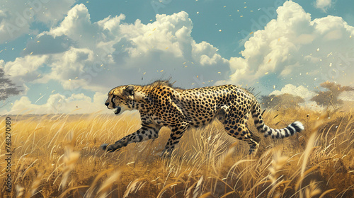 leopard walking through grass with a beautiful landscape, africa