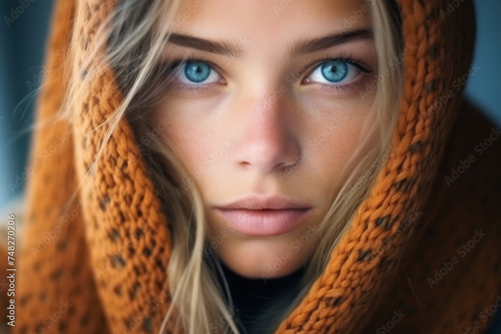 a woman with blue eyes wearing a scarf a woman with blue eyes wearing a scarf