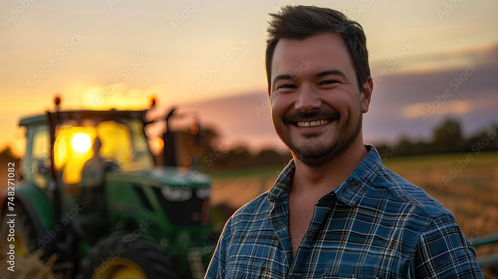 Portrait of a handsome young farmer standing in a shirt and smiling at the camera, on a tractor and nature background. Concept: bio ecology, clean environment, beautiful and healthy people, farmers.