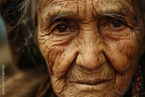 an old woman with wrinkles and wrinkles on her face © sam