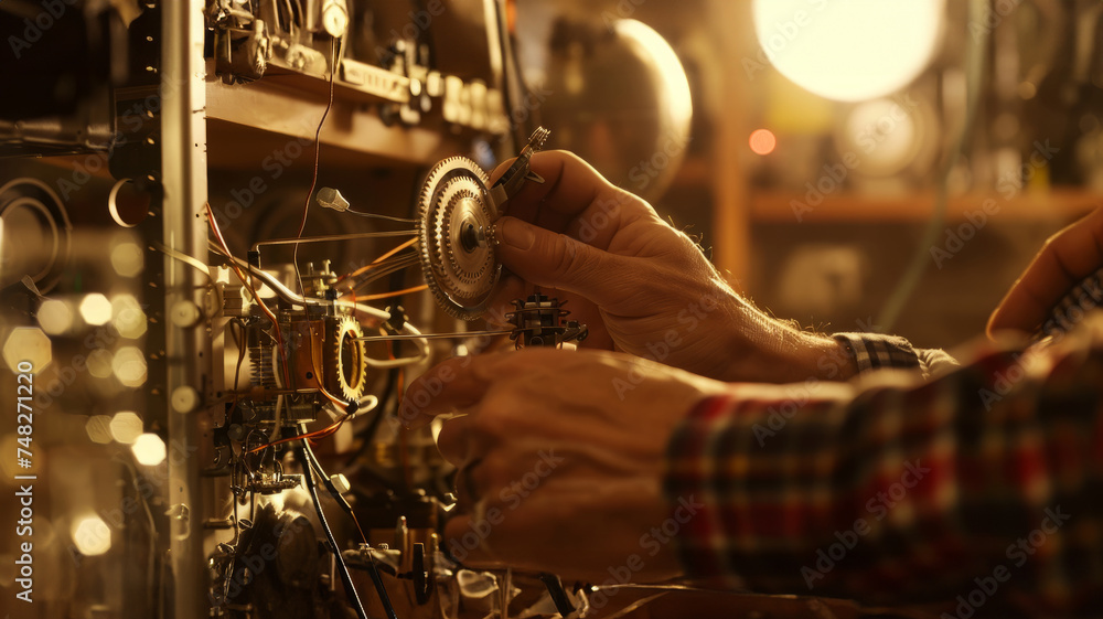 A man repairing old machinery with precision.