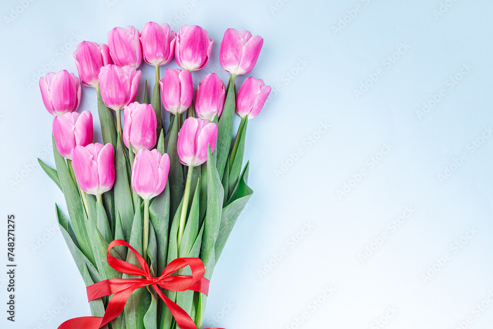 Bunch of beautiful pink white tulips tied with red ribbon on blue background, horizontal, top view, copy space Bunch of beautiful pink white tulips tied with red ribbon on blue background, horizontal, top view, copy space