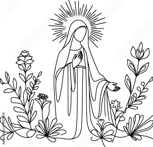 Jesus, mary in continuous line drawing, minimalist, simplicity contour, christian pray, 