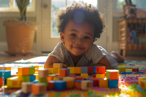 Joyful toddler playing with colorful building blocks on a sunny day. Child's playful moment captured in warm, natural light