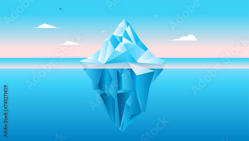 Iceberg vector illustration - Calm antarctic ocean scene win ice mountain in water showing half under water and other half on top of sea. Full screen background in flat design and blue colours