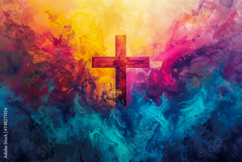 Abstract colorful painting of a cross symbolizing faith and spirituality amidst vibrant chaos. A fusion of art and belief in bright, emotive colors © Mirador