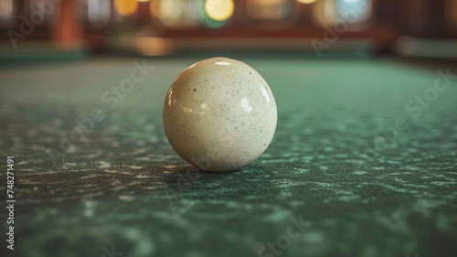 A white billiard ball on a pool table.