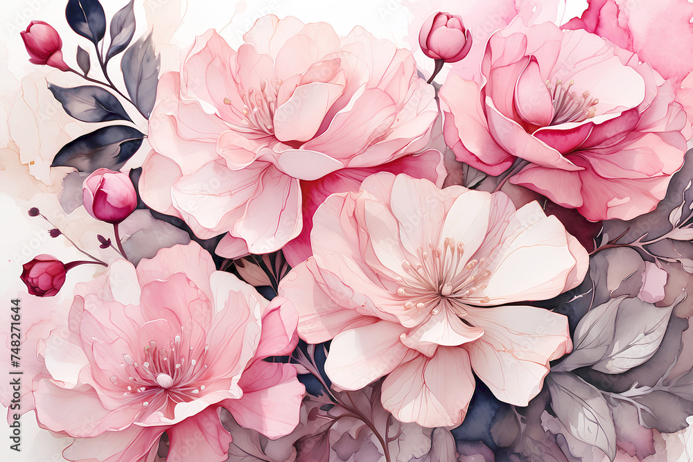 Watercolor pink spring flowers. Floral background