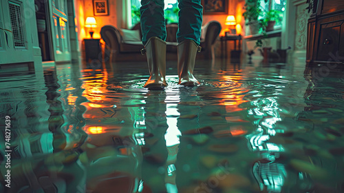 Close-up of a man's feet in rubber boots standing in Flooded Floor From Water Leak