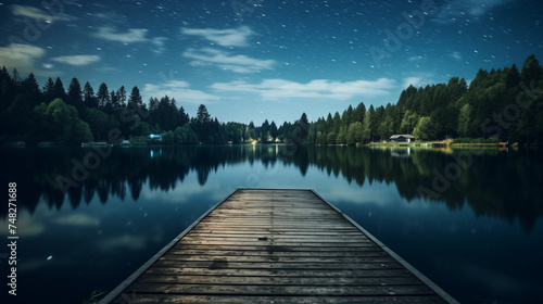 A starry night sky reflecting on a calm lake, with a dock leading into the water. 