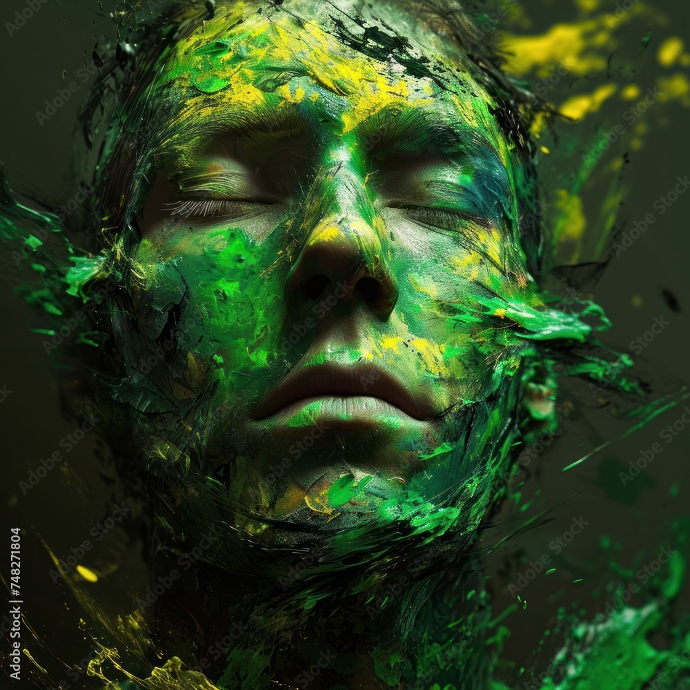 a person with green and yellow paint on face