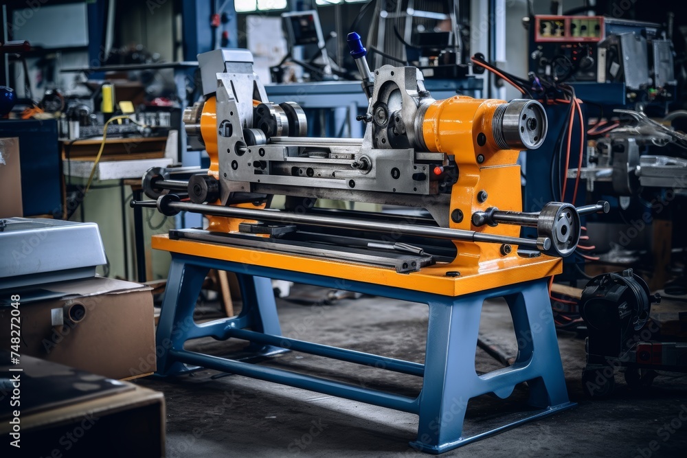 Close-up Shot of a High-Tech Straightening Machine Amidst Various Tools in an Industrial Workshop