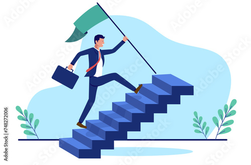 Businessman going up stairs - Ambitious business person running up career staircase with green flag in hand, heading for the top and success. Flat design vector illustration with white background