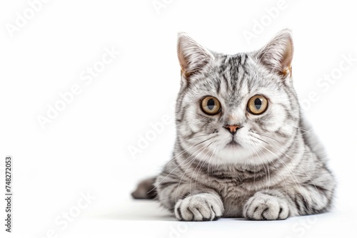 Portrait of a silver tabby British shorthair cat looking at the camera isolated on a white background © Artem