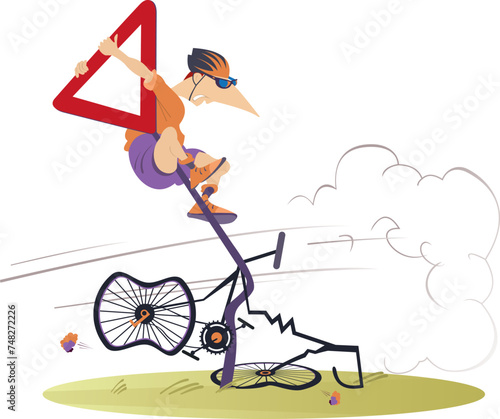 Bicycle accident. Crash.
Traffic accident. Cyclist smashed into a road sign
