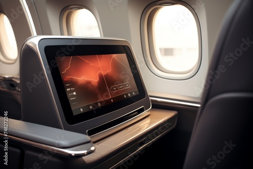 Detailed view of an advanced in-flight entertainment system set against the contemporary ambiance of an airplane cabin